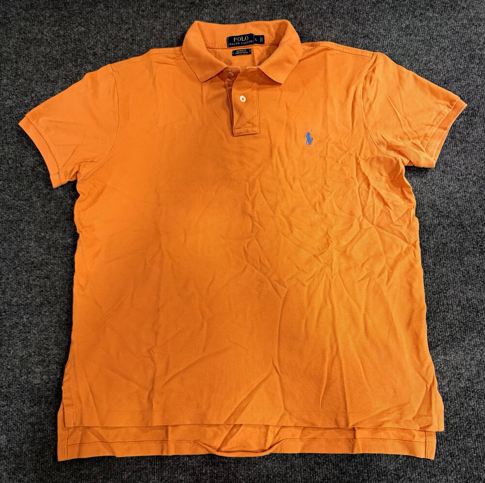 Polo Ralph Lauren Mens Large Custom Fit Orange Polo Shirt Blue Pony Stretch Mesh